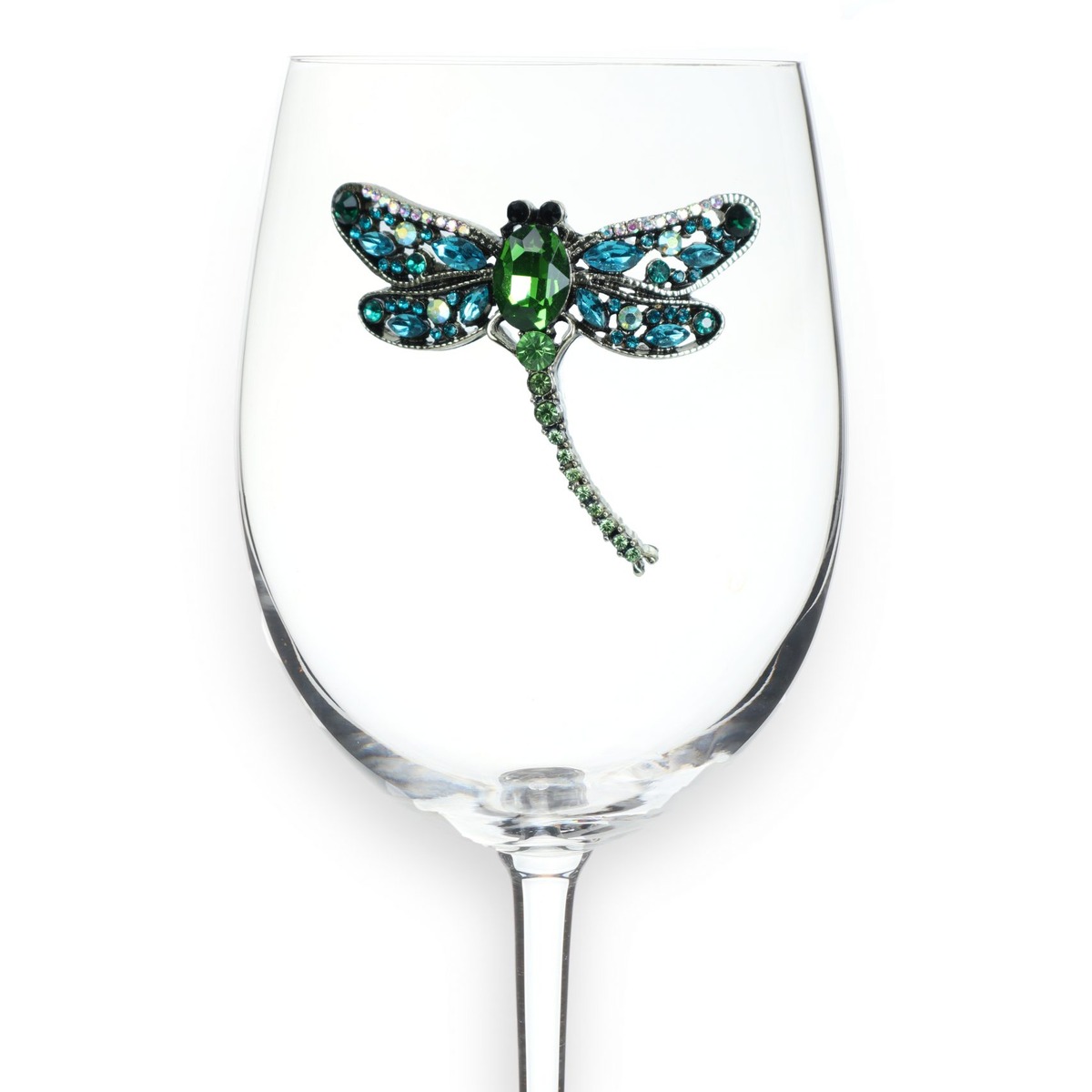Dragonfly Jeweled Wine Glass with hand-applied rhinestones — by The Queens' Jewels®