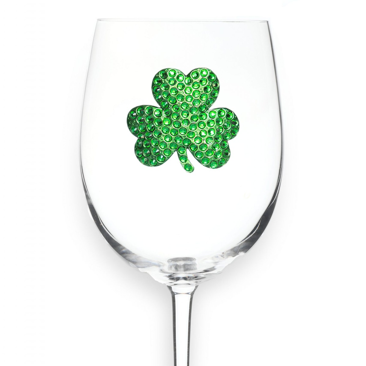 Shamrock Jeweled Wine Glass with hand-applied rhinestones — by The Queens' Jewels®