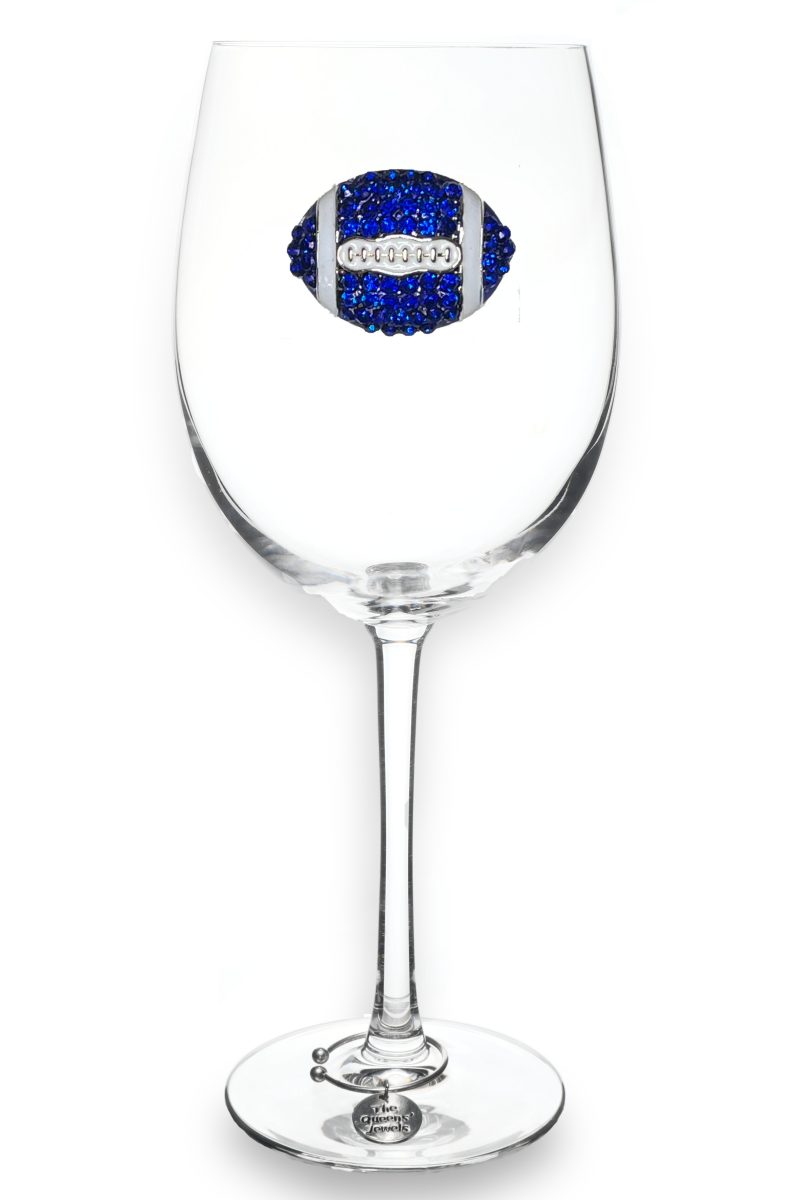 2022 Blue and White Football Jeweled Stemmed Wine Glass