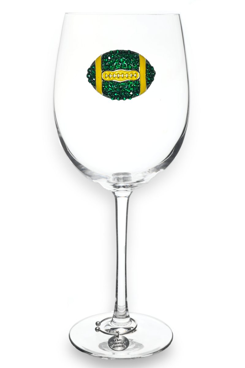 2022 Green and Yellow Football Jeweled Stemmed Wine Glass