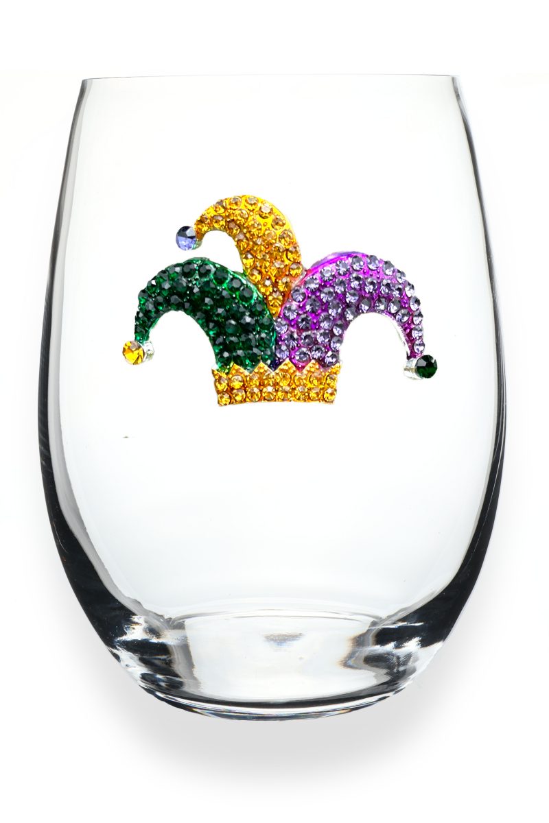 Mardi Gras Jester Hat Jeweled Stemless Wine Glass