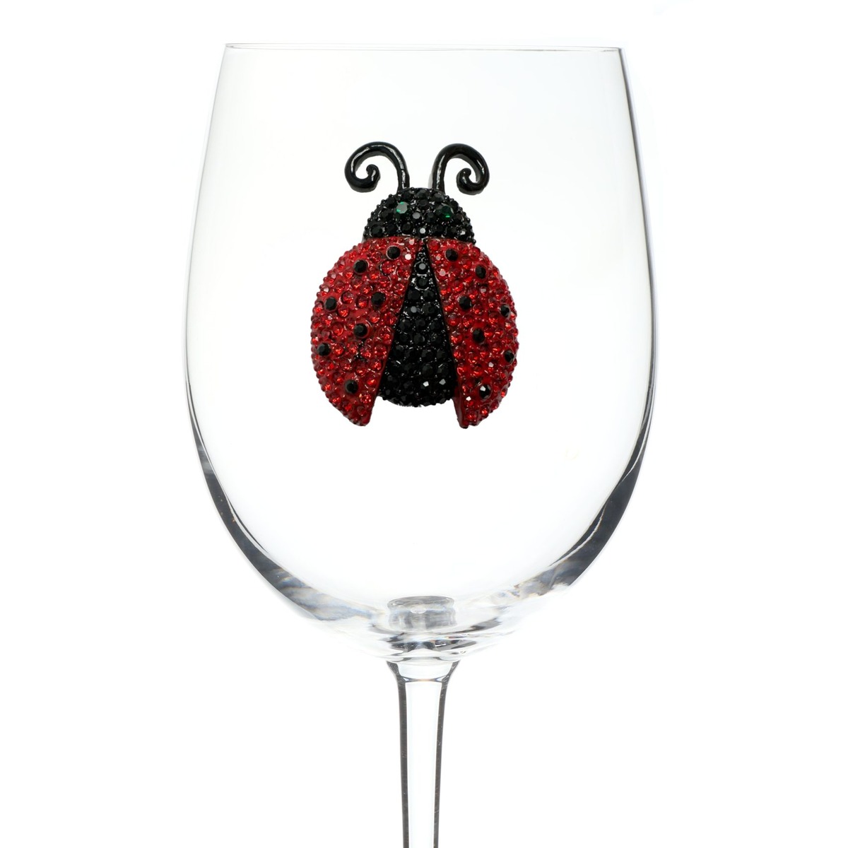 Ladybug Jeweled Wine Glass with hand-applied rhinestones — by The Queens' Jewels®