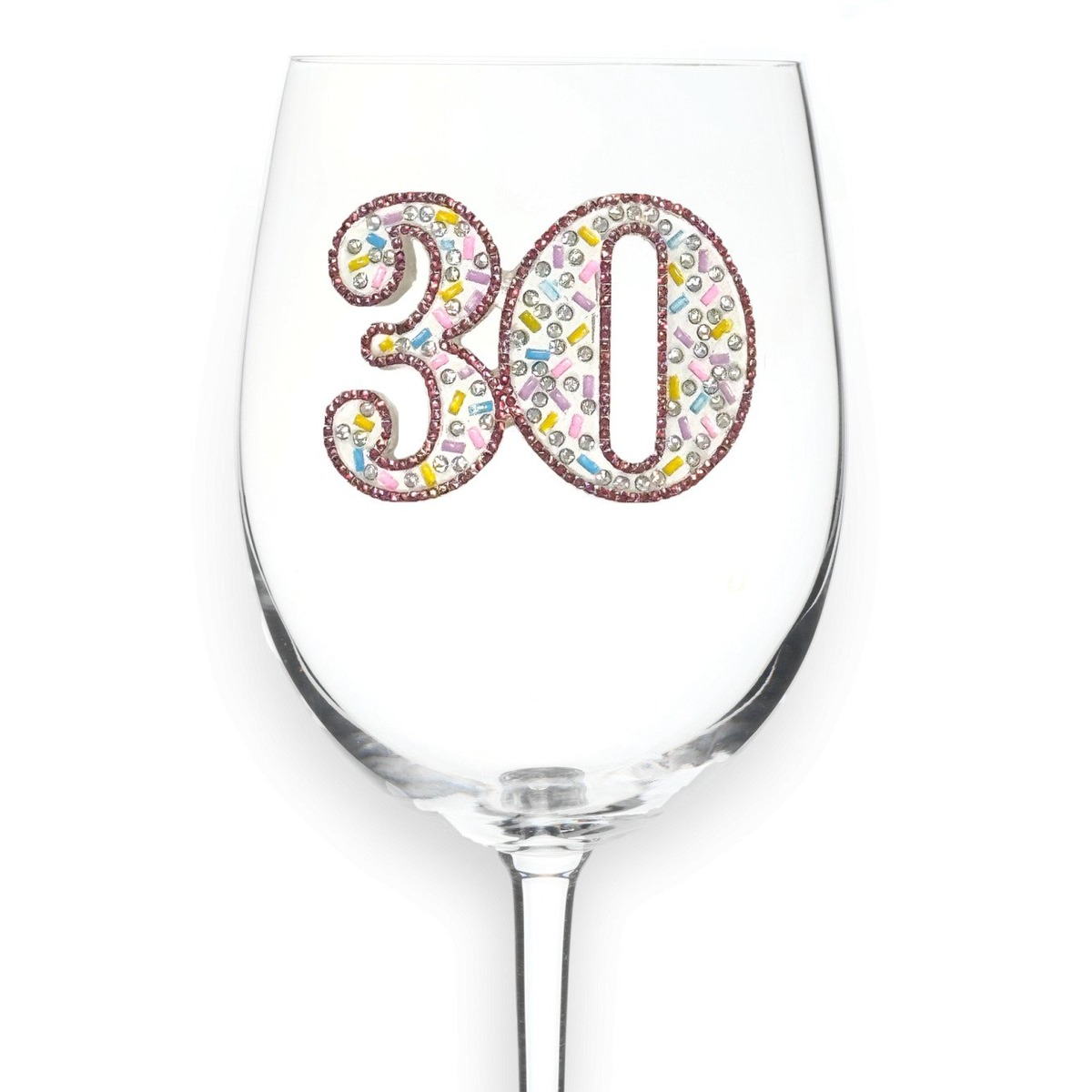 30th Birthday Jeweled Wine Glass with hand-applied rhinestones — by The Queens' Jewels®