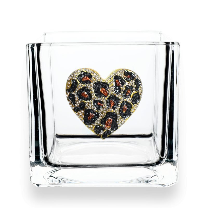 Leopard Heart Jeweled Glassware - 4x4 Candle Holder