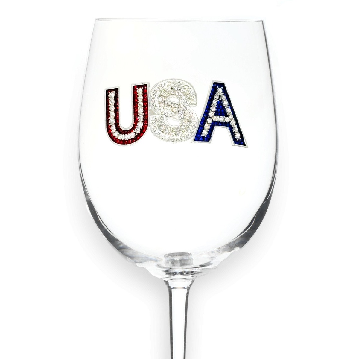 USA Jeweled Wine Glass with hand-applied rhinestones — by The Queens' Jewels®